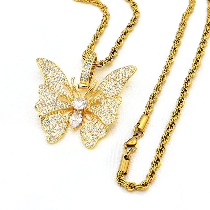 Top quality CZ setting pendant stainless steel chain 18K gold plated big butterfly necklace