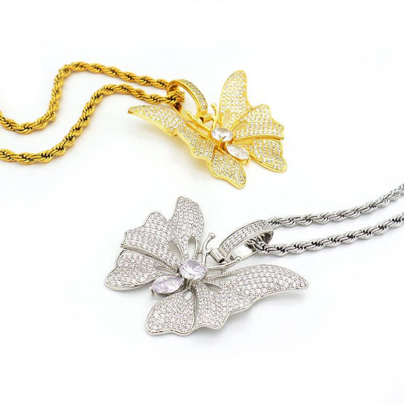 Top quality CZ setting pendant stainless steel chain 18K gold plated big butterfly necklace