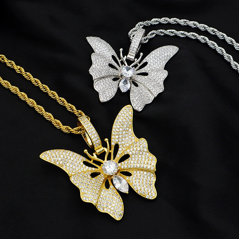 Top quality CZ setting pendant stainless steel chain 18K gold plated big butterfly necklace