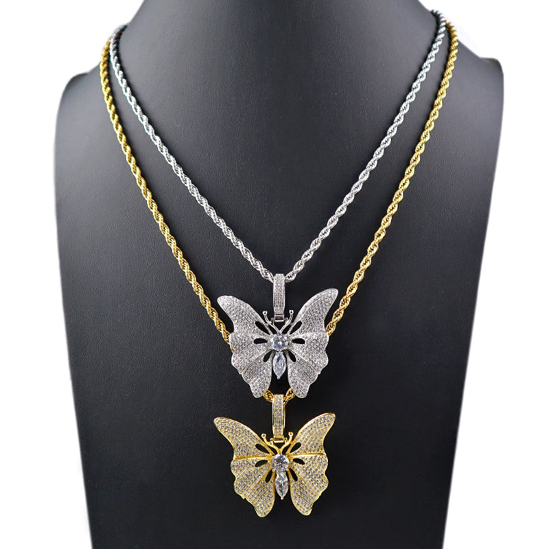 Top quality CZ setting pendant stainless steel chain 18K gold plated big butterfly necklace