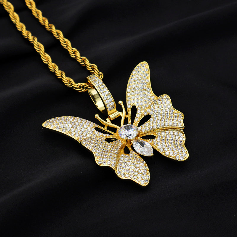 Top quality CZ setting pendant stainless steel chain 18K gold plated big butterfly necklace