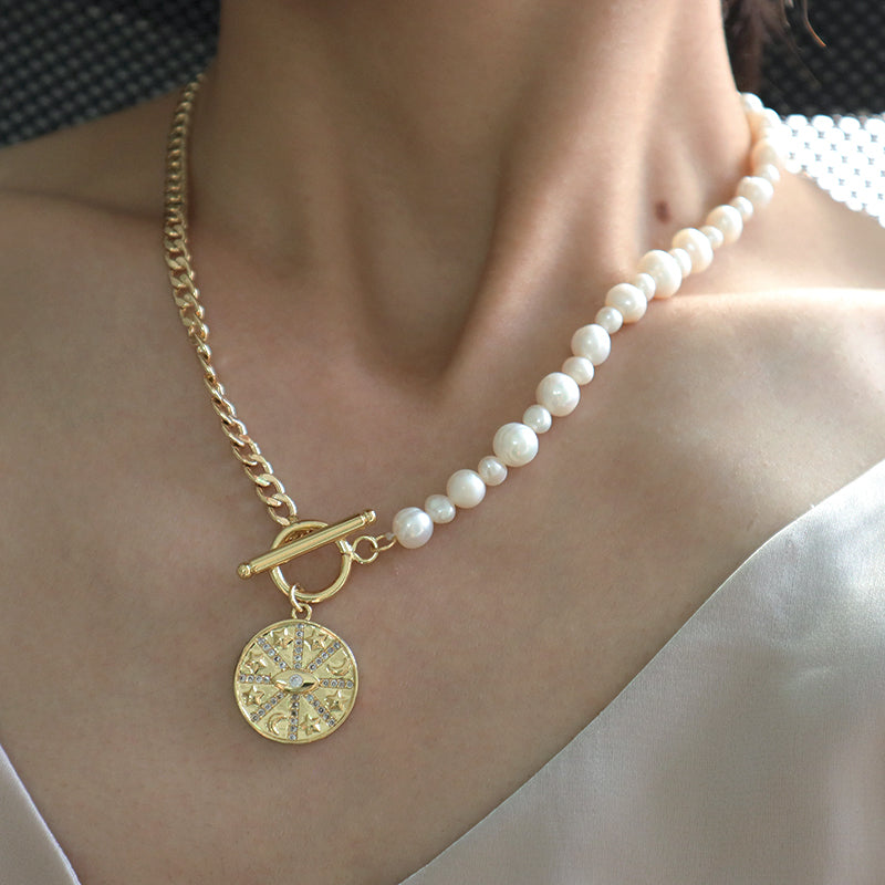 OEM Factory Manufacture Women Gold plated OT Clasp Toggle Round Eyes Love pendant Choker Necklace Fresh Water Pearl Jewelry necklace