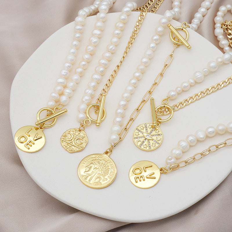 OEM Factory Manufacture Women Gold plated OT Clasp Toggle Round Eyes Love pendant Choker Necklace Fresh Water Pearl Jewelry necklace