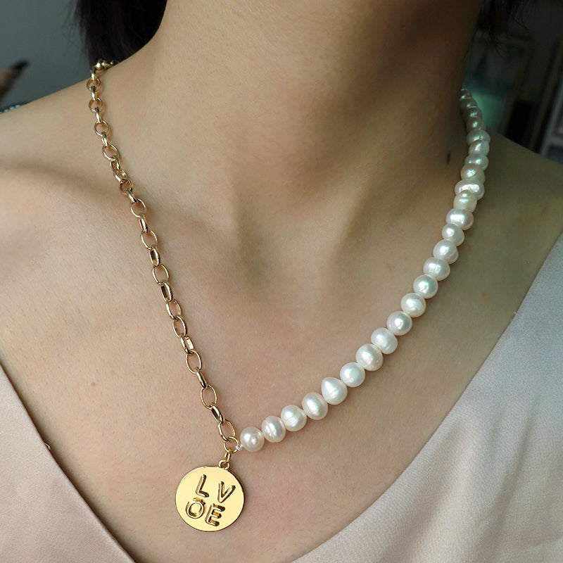 OEM Factory Manufacture Women Gold plated OT Clasp Toggle Round Eyes Love pendant Choker Necklace Fresh Water Pearl Jewelry necklace