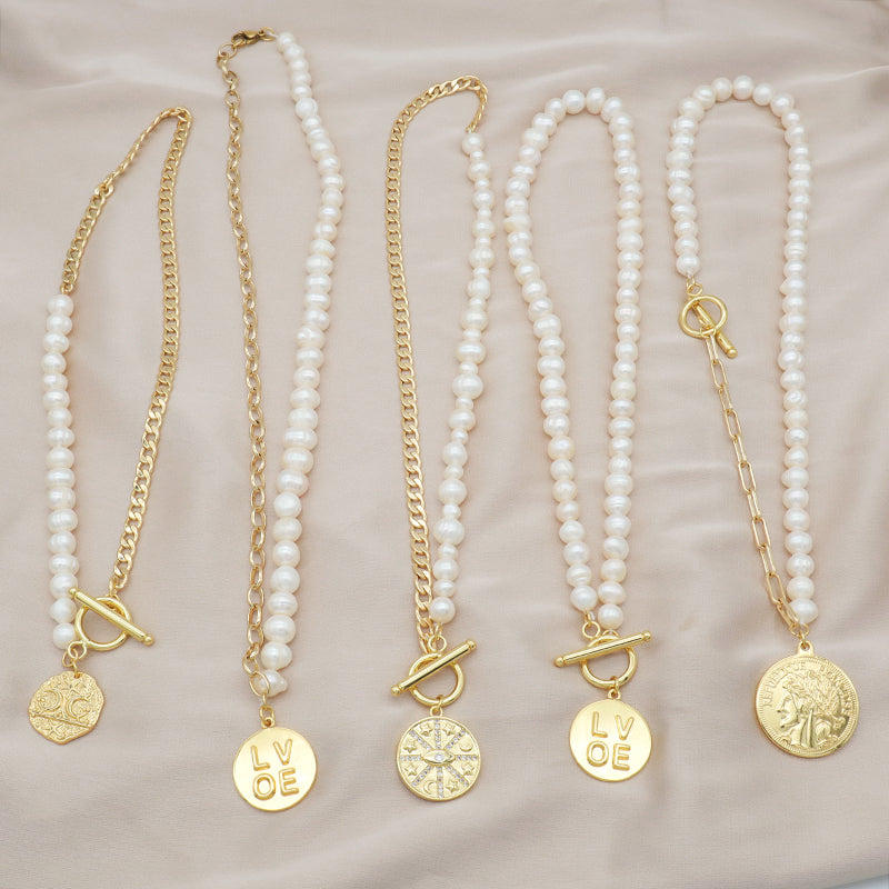 OEM Factory Manufacture Women Gold plated OT Clasp Toggle Round Eyes Love pendant Choker Necklace Fresh Water Pearl Jewelry necklace