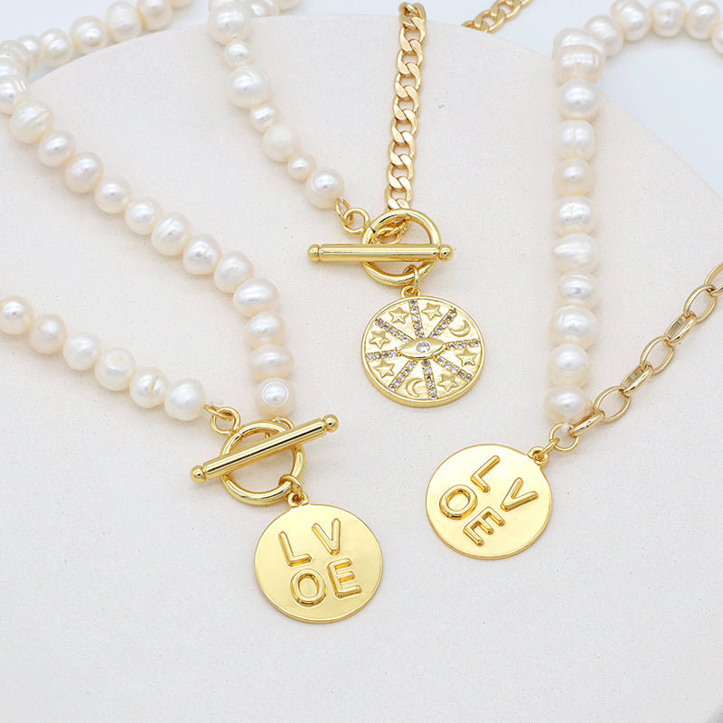 OEM Factory Manufacture Women Gold plated OT Clasp Toggle Round Eyes Love pendant Choker Necklace Fresh Water Pearl Jewelry necklace
