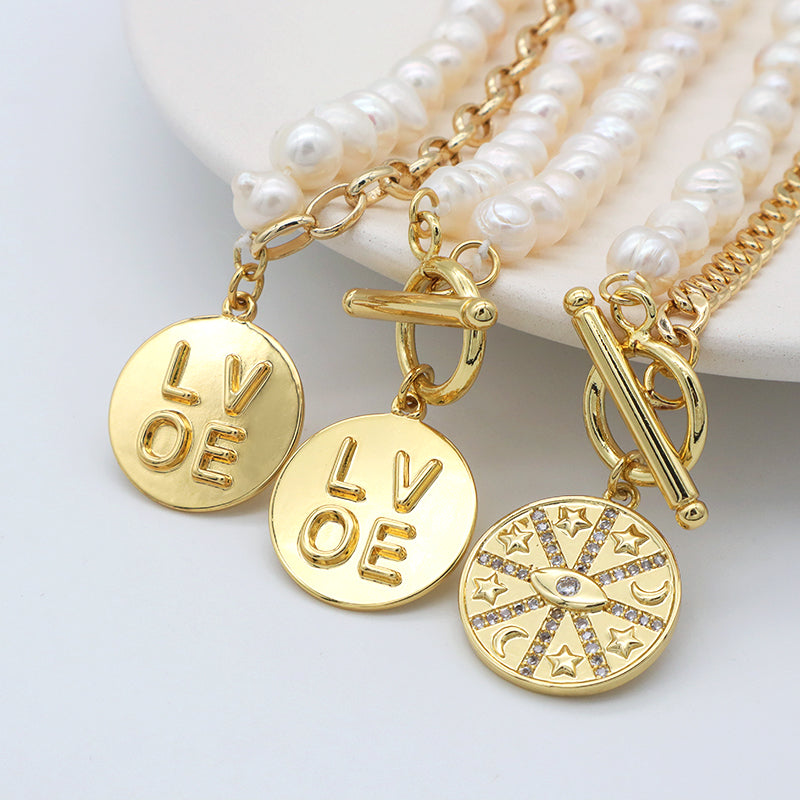 OEM Factory Manufacture Women Gold plated OT Clasp Toggle Round Eyes Love pendant Choker Necklace Fresh Water Pearl Jewelry necklace