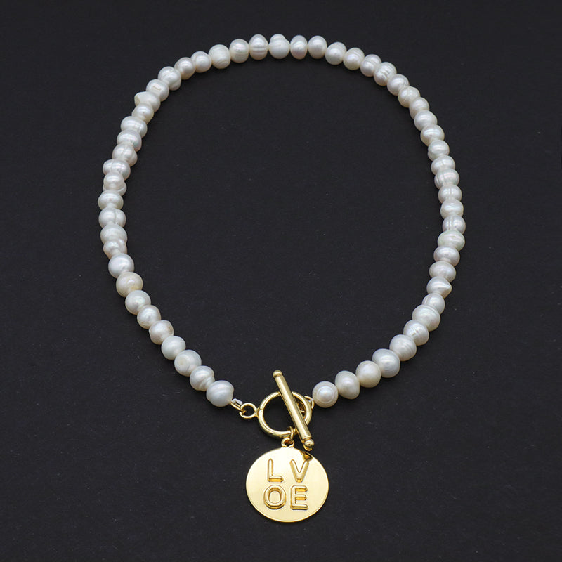 OEM Factory Manufacture Women Gold plated OT Clasp Toggle Round Eyes Love pendant Choker Necklace Fresh Water Pearl Jewelry necklace