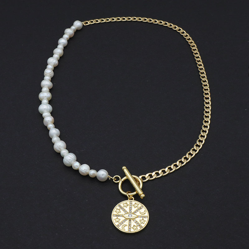OEM Factory Manufacture Women Gold plated OT Clasp Toggle Round Eyes Love pendant Choker Necklace Fresh Water Pearl Jewelry necklace