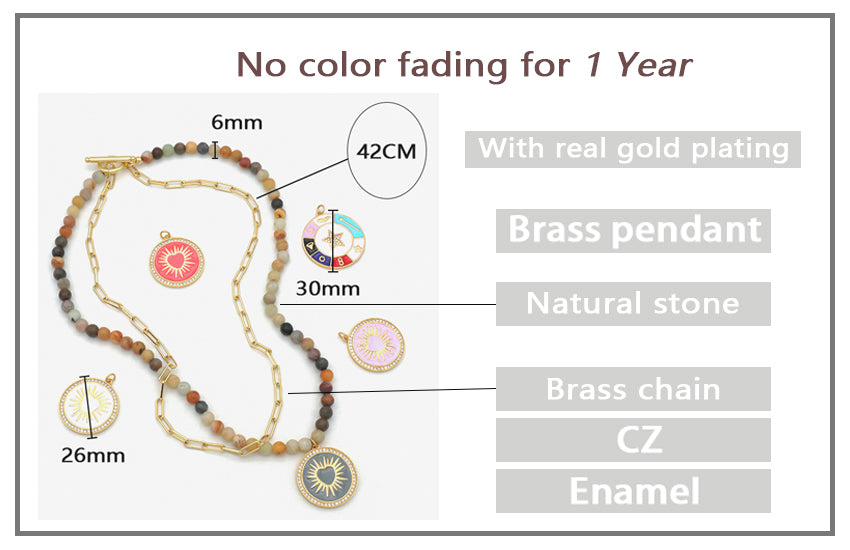 Double Layer Brass Chain OT Buckle Choker Necklace Jewelry ODM Factory Manufacture Women Gold plated CZ Round Enamel Pendant Natural Stone necklace