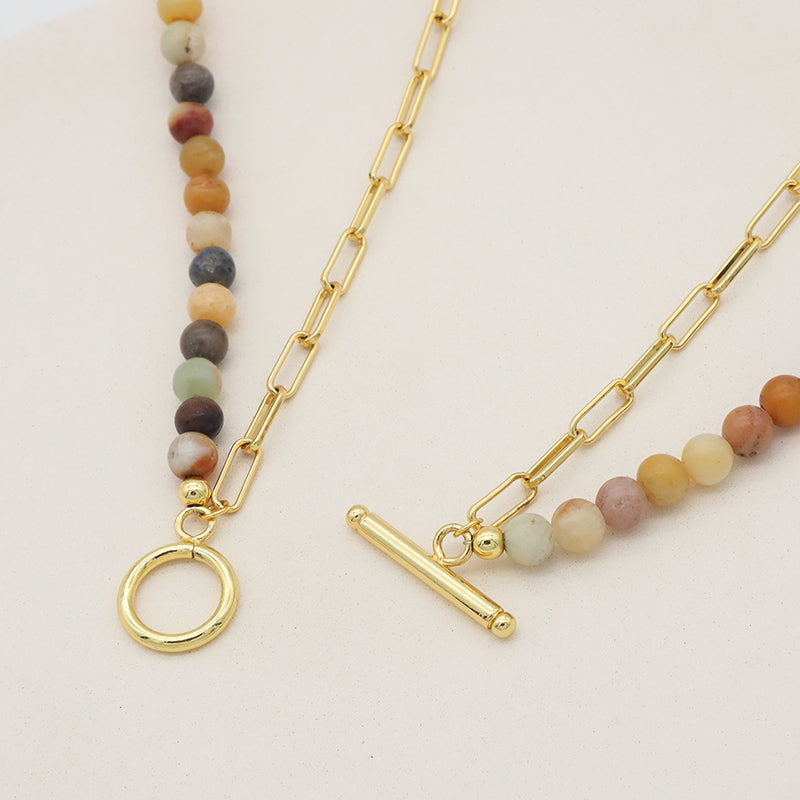Double Layer Brass Chain OT Buckle Choker Necklace Jewelry ODM Factory Manufacture Women Gold plated CZ Round Enamel Pendant Natural Stone necklace
