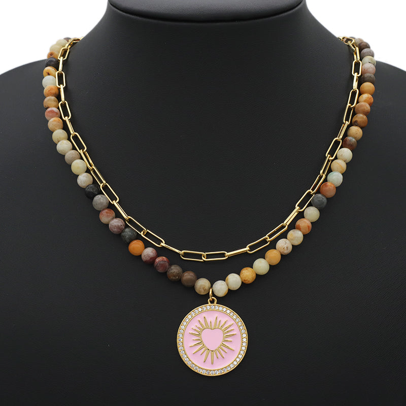 Double Layer Brass Chain OT Buckle Choker Necklace Jewelry ODM Factory Manufacture Women Gold plated CZ Round Enamel Pendant Natural Stone necklace
