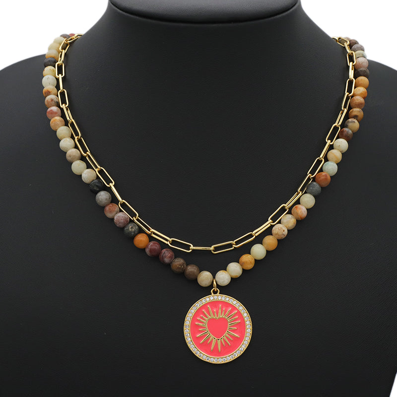 Double Layer Brass Chain OT Buckle Choker Necklace Jewelry ODM Factory Manufacture Women Gold plated CZ Round Enamel Pendant Natural Stone necklace