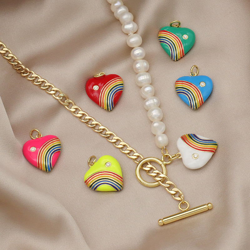 OEM Factory Manufacture Heart Shape Enamel Rainbow Color Pendant Charm Fresh water pearl jewelry Gold plated OT Buckle chain Choker necklace for Women
