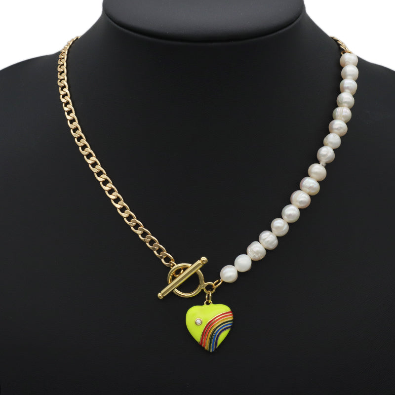 OEM Factory Manufacture Heart Shape Enamel Rainbow Color Pendant Charm Fresh water pearl jewelry Gold plated OT Buckle chain Choker necklace for Women
