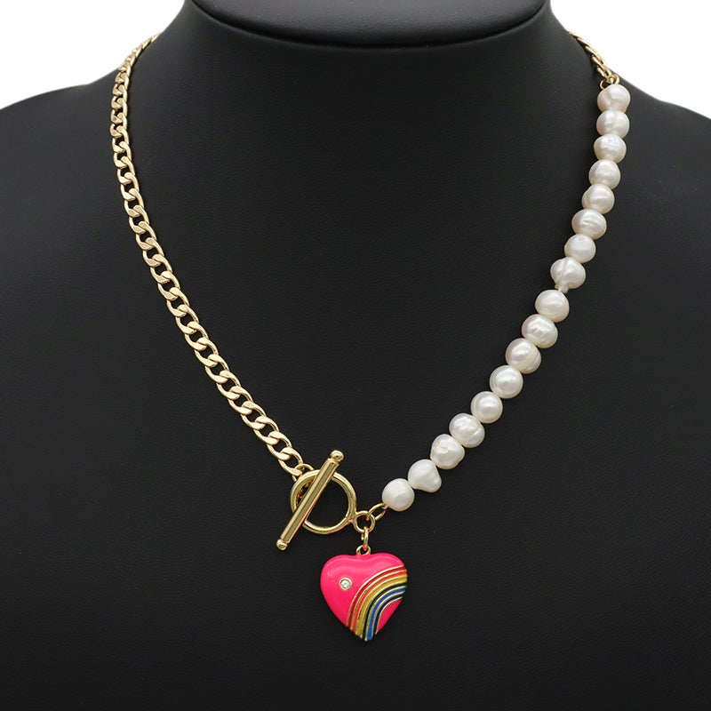 OEM Factory Manufacture Heart Shape Enamel Rainbow Color Pendant Charm Fresh water pearl jewelry Gold plated OT Buckle chain Choker necklace for Women