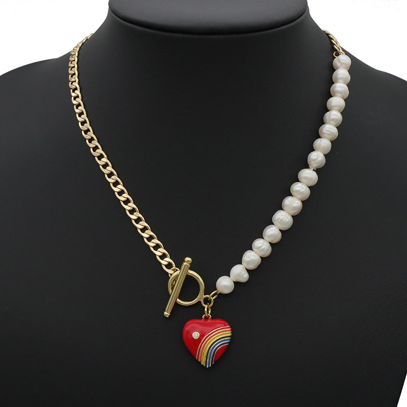 OEM Factory Manufacture Heart Shape Enamel Rainbow Color Pendant Charm Fresh water pearl jewelry Gold plated OT Buckle chain Choker necklace for Women