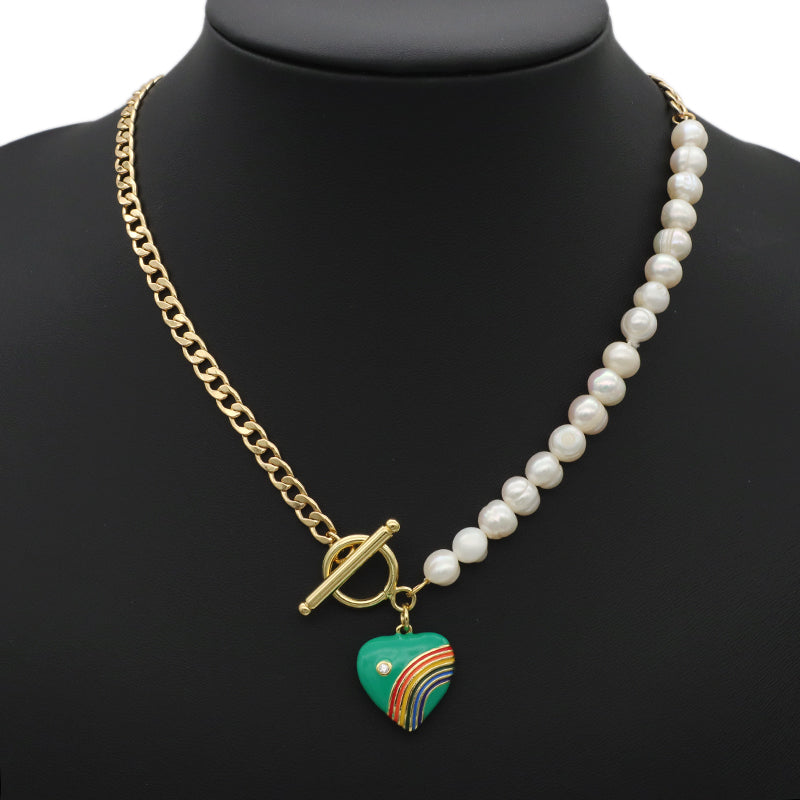 OEM Factory Manufacture Heart Shape Enamel Rainbow Color Pendant Charm Fresh water pearl jewelry Gold plated OT Buckle chain Choker necklace for Women