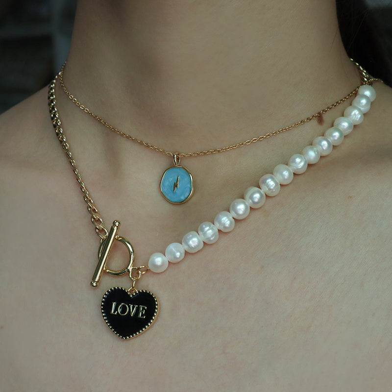 Factory Manufacture OEM Enamel Heart Pendant Charm OT Buckle Choker Jewelry Gold plated Fresh water pearl Beads chain necklace Jewelry set for women