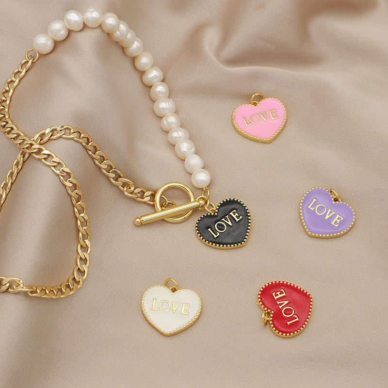 Factory Manufacture OEM Enamel Heart Pendant Charm OT Buckle Choker Jewelry Gold plated Fresh water pearl Beads chain necklace Jewelry set for women