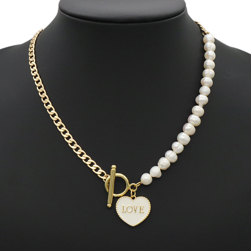 Factory Manufacture OEM Enamel Heart Pendant Charm OT Buckle Choker Jewelry Gold plated Fresh water pearl Beads chain necklace Jewelry set for women