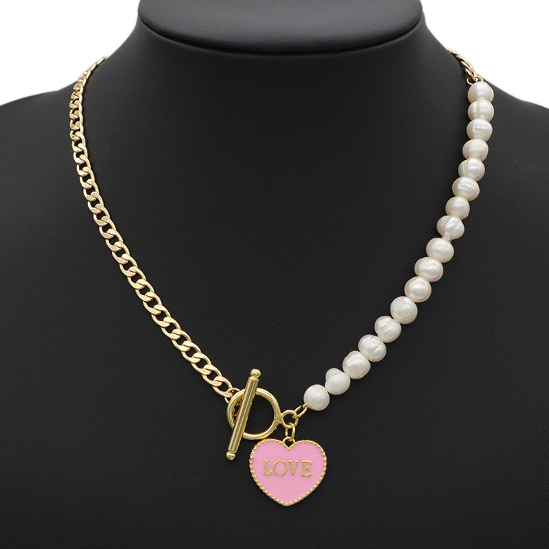 Factory Manufacture OEM Enamel Heart Pendant Charm OT Buckle Choker Jewelry Gold plated Fresh water pearl Beads chain necklace Jewelry set for women