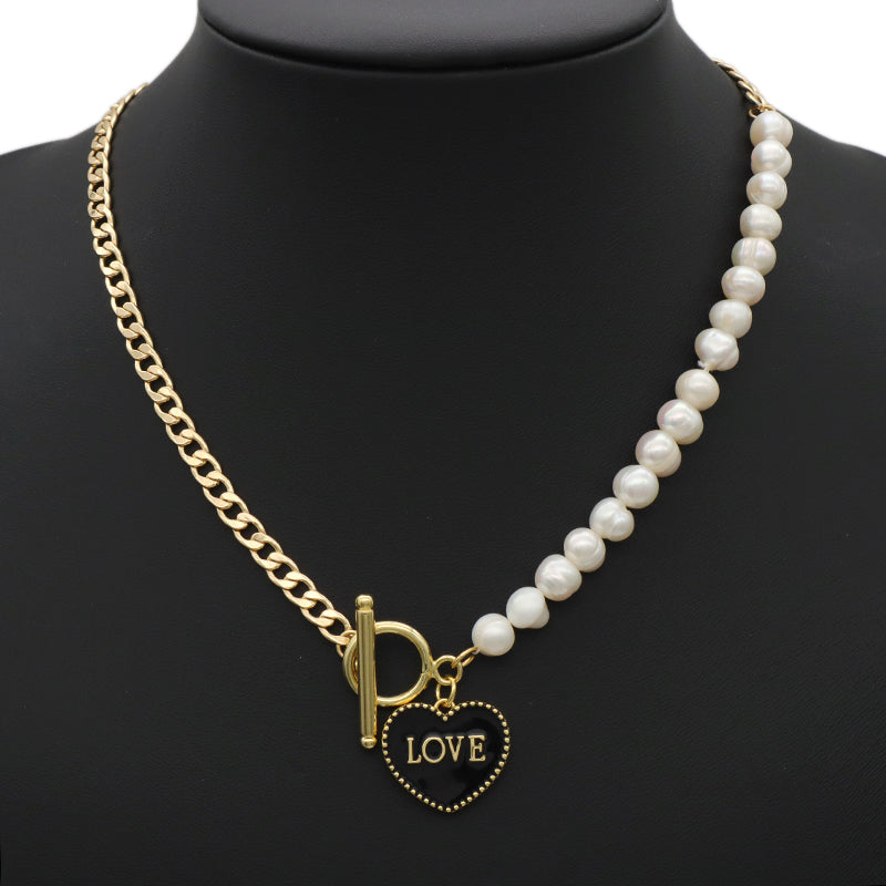 Factory Manufacture OEM Enamel Heart Pendant Charm OT Buckle Choker Jewelry Gold plated Fresh water pearl Beads chain necklace Jewelry set for women