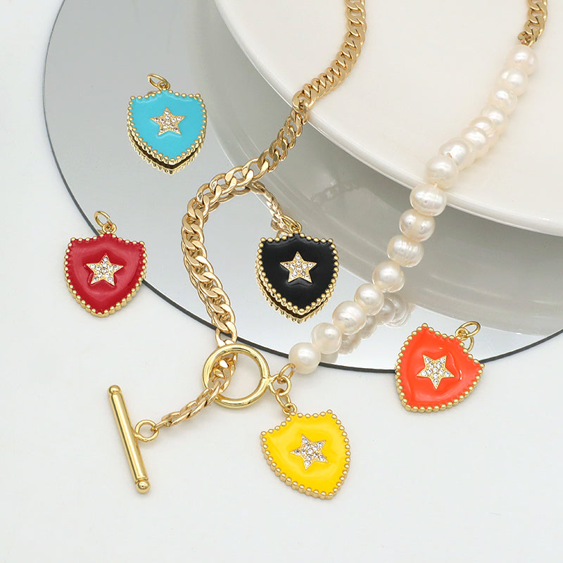 Wholesale ODM Factory Manufacture Fashion Women Fresh water pearl Brass Chain jewelry Gold plated OT Clasp Enamel CZ Star Charm Pendant Choker necklace