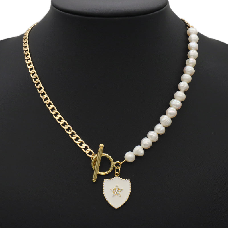 Wholesale ODM Factory Manufacture Fashion Women Fresh water pearl Brass Chain jewelry Gold plated OT Clasp Enamel CZ Star Charm Pendant Choker necklace
