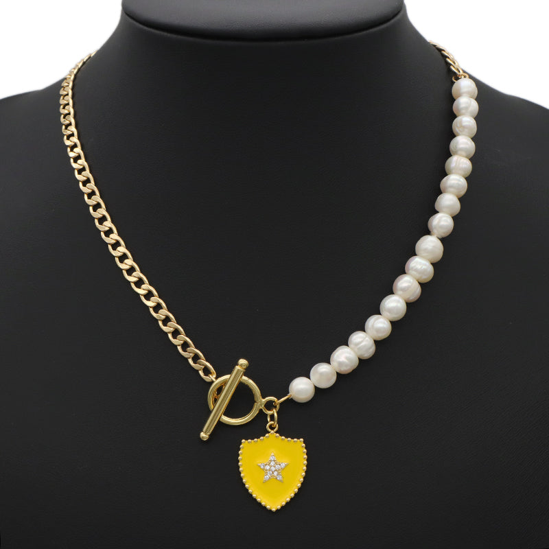 Wholesale ODM Factory Manufacture Fashion Women Fresh water pearl Brass Chain jewelry Gold plated OT Clasp Enamel CZ Star Charm Pendant Choker necklace