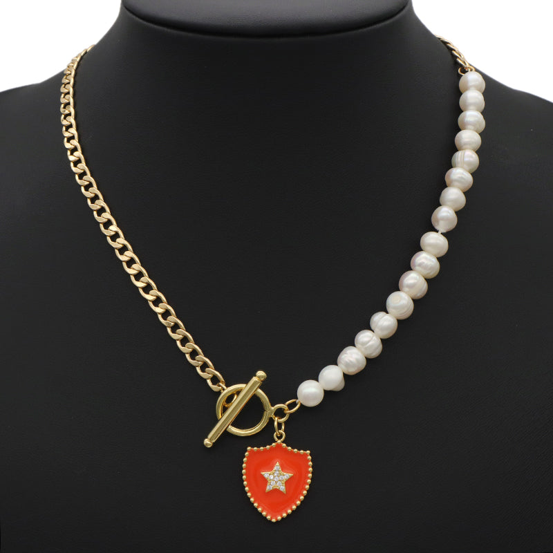 Wholesale ODM Factory Manufacture Fashion Women Fresh water pearl Brass Chain jewelry Gold plated OT Clasp Enamel CZ Star Charm Pendant Choker necklace