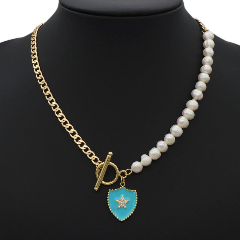 Wholesale ODM Factory Manufacture Fashion Women Fresh water pearl Brass Chain jewelry Gold plated OT Clasp Enamel CZ Star Charm Pendant Choker necklace
