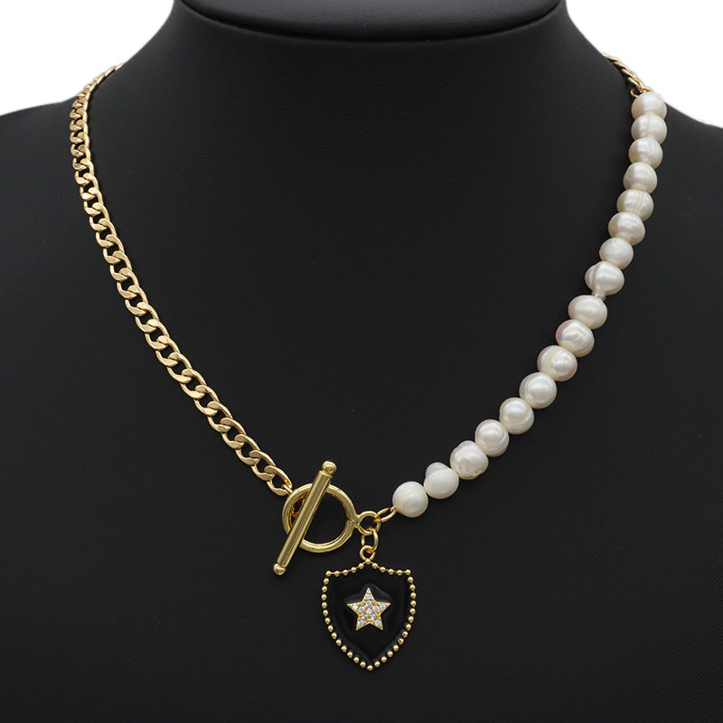 Wholesale ODM Factory Manufacture Fashion Women Fresh water pearl Brass Chain jewelry Gold plated OT Clasp Enamel CZ Star Charm Pendant Choker necklace