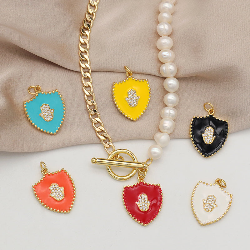 New Design Jewelry ODM Factory Manufacture Custom Gold plated CZ Enamel Hand Charm OT Buckle Brass Chain Choker Women Fresh water pearl Pendant necklace