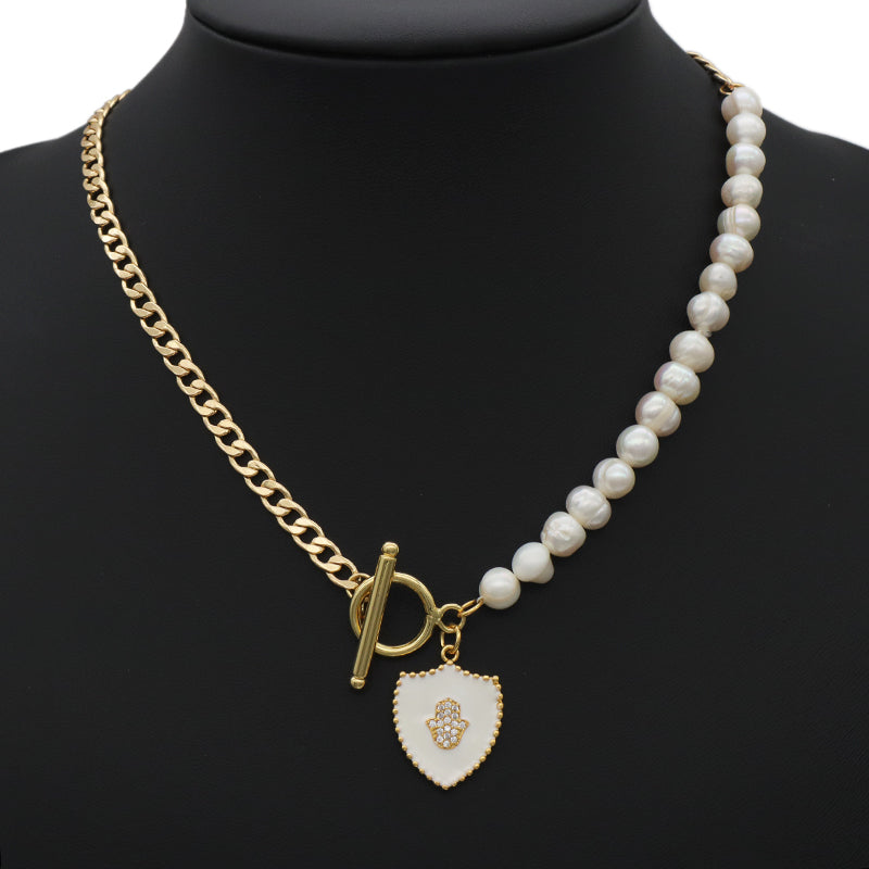 New Design Jewelry ODM Factory Manufacture Custom Gold plated CZ Enamel Hand Charm OT Buckle Brass Chain Choker Women Fresh water pearl Pendant necklace