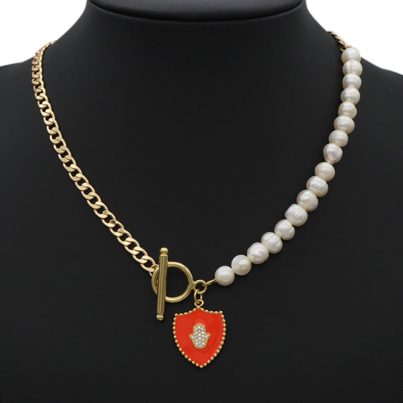 New Design Jewelry ODM Factory Manufacture Custom Gold plated CZ Enamel Hand Charm OT Buckle Brass Chain Choker Women Fresh water pearl Pendant necklace