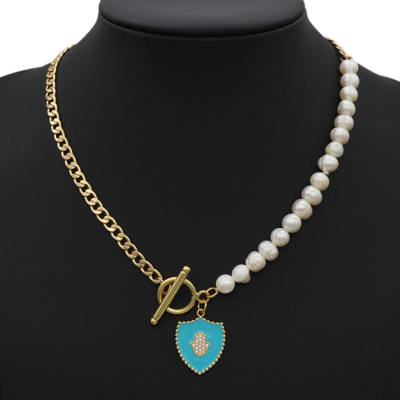 New Design Jewelry ODM Factory Manufacture Custom Gold plated CZ Enamel Hand Charm OT Buckle Brass Chain Choker Women Fresh water pearl Pendant necklace