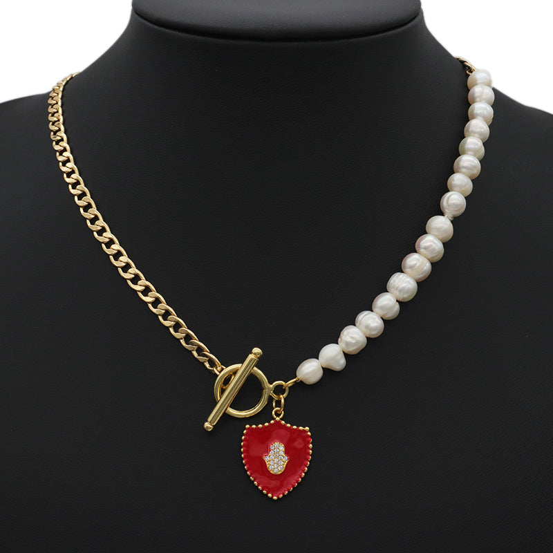 New Design Jewelry ODM Factory Manufacture Custom Gold plated CZ Enamel Hand Charm OT Buckle Brass Chain Choker Women Fresh water pearl Pendant necklace