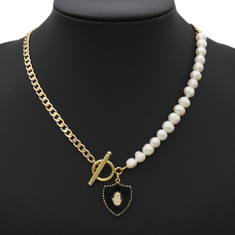 New Design Jewelry ODM Factory Manufacture Custom Gold plated CZ Enamel Hand Charm OT Buckle Brass Chain Choker Women Fresh water pearl Pendant necklace