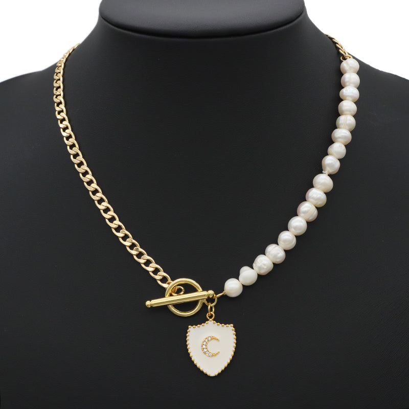 OEM Factory Manufacture Gold plated OT Clasp Enamel CZ moon Charm Pendant Choker Handmade Fresh water pearl necklace for teen girl women