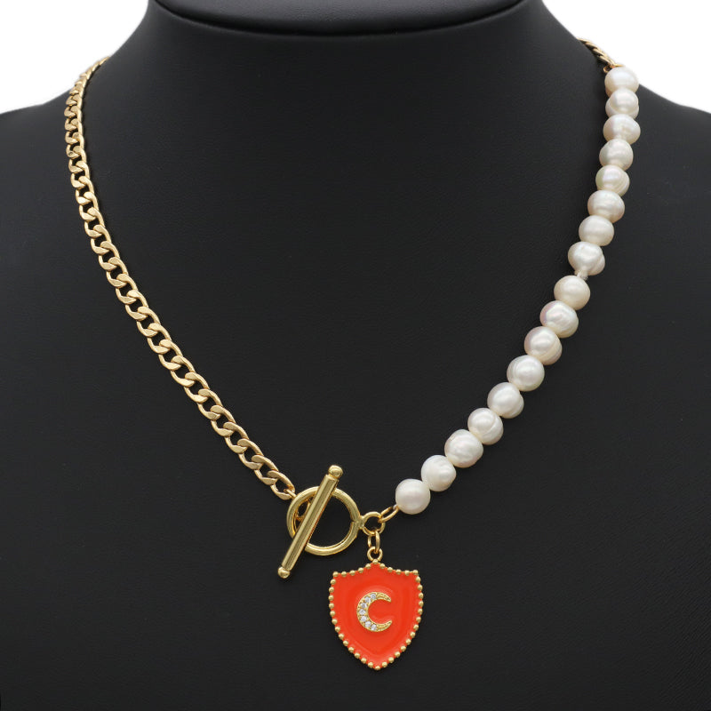 OEM Factory Manufacture Gold plated OT Clasp Enamel CZ moon Charm Pendant Choker Handmade Fresh water pearl necklace for teen girl women