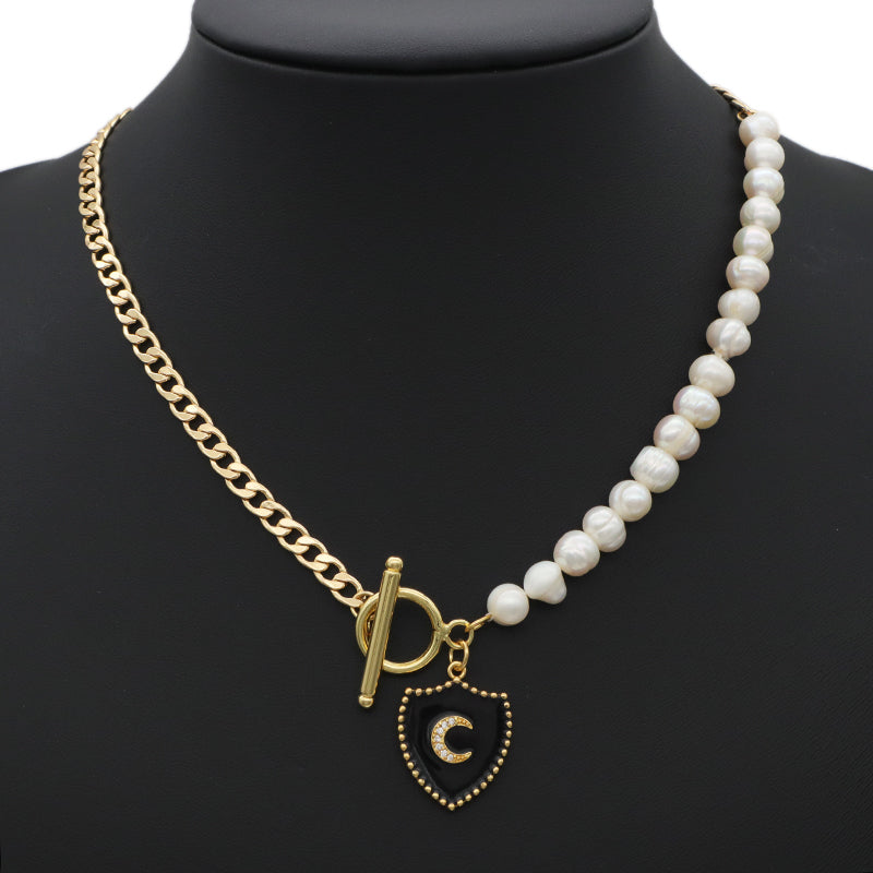OEM Factory Manufacture Gold plated OT Clasp Enamel CZ moon Charm Pendant Choker Handmade Fresh water pearl necklace for teen girl women