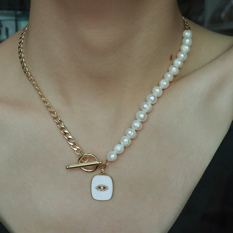 OT Buckle Chain Choker evil eyes pendant Fresh water pearl necklace OEM Factory Manufacture Gold plated Enamel Heart evil eyes Pendant necklace