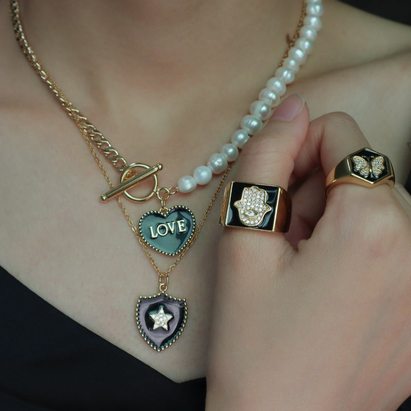 OT Buckle Chain Choker evil eyes pendant Fresh water pearl necklace OEM Factory Manufacture Gold plated Enamel Heart evil eyes Pendant necklace