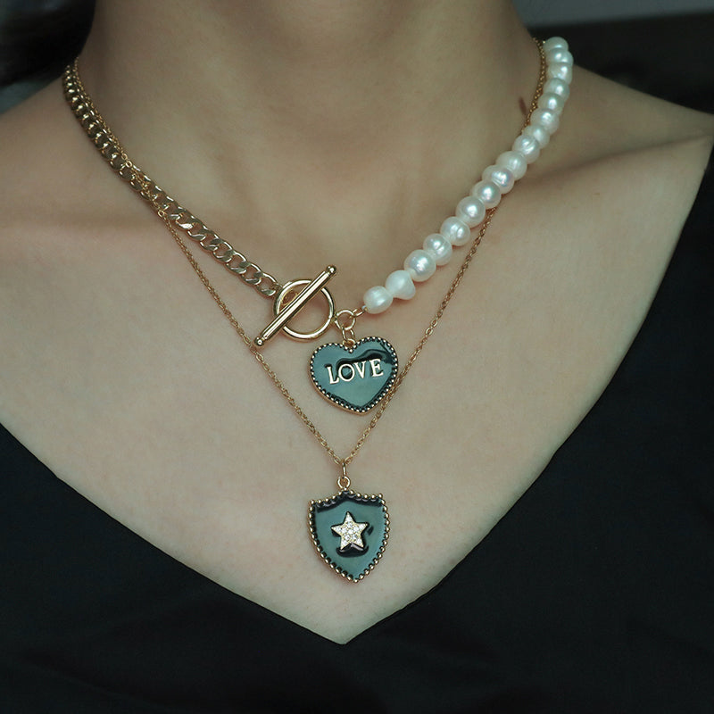 OT Buckle Chain Choker evil eyes pendant Fresh water pearl necklace OEM Factory Manufacture Gold plated Enamel Heart evil eyes Pendant necklace