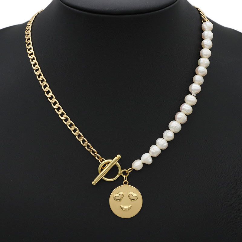 OT Buckle Chain Choker evil eyes pendant Fresh water pearl necklace OEM Factory Manufacture Gold plated Enamel Heart evil eyes Pendant necklace