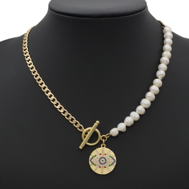 OT Buckle Chain Choker evil eyes pendant Fresh water pearl necklace OEM Factory Manufacture Gold plated Enamel Heart evil eyes Pendant necklace
