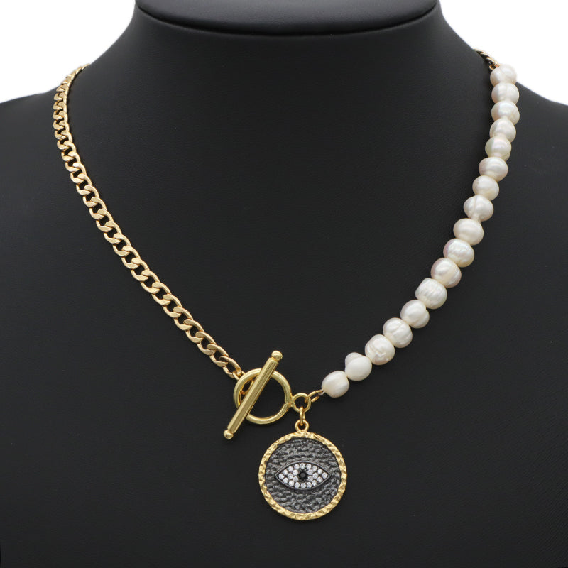 OT Buckle Chain Choker evil eyes pendant Fresh water pearl necklace OEM Factory Manufacture Gold plated Enamel Heart evil eyes Pendant necklace