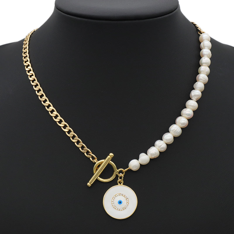 OT Buckle Chain Choker evil eyes pendant Fresh water pearl necklace OEM Factory Manufacture Gold plated Enamel Heart evil eyes Pendant necklace