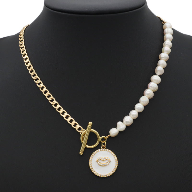 OT Buckle Chain Choker evil eyes pendant Fresh water pearl necklace OEM Factory Manufacture Gold plated Enamel Heart evil eyes Pendant necklace